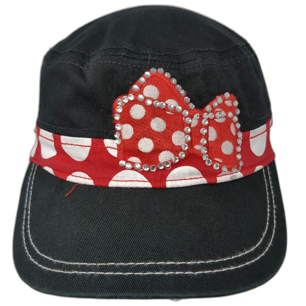 Disney Parks Army Cap Black Red White One Size Polka Dot Bow Rhinestone Hat